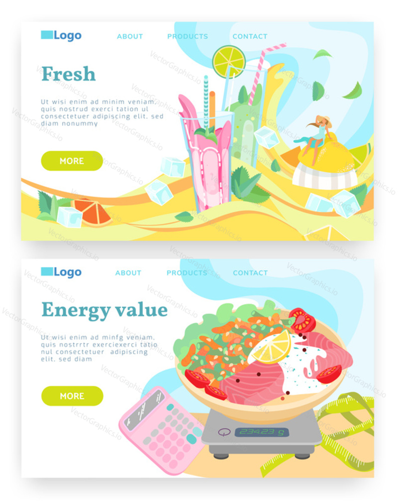 Čerstvý džusový nápoj. Smoothie, sklenice limonády, soda, ovocná šťáva. Vektorové webové stránky design šablony. Ilustrace konceptu webové stránky vstupní stránky.