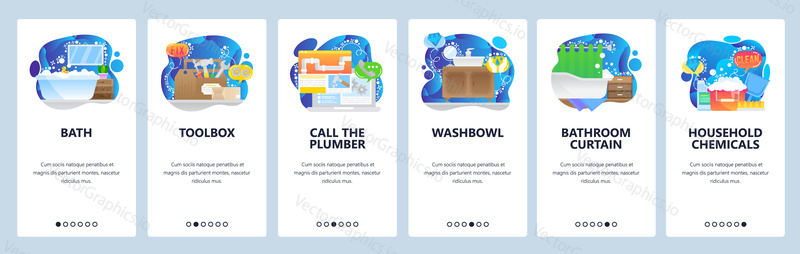 House bathroom interior, bathtub, plumber service, household chemicals. Mobile app onboarding screens. Menu vector banner template for website and mobile development. Web site design flat illustration.