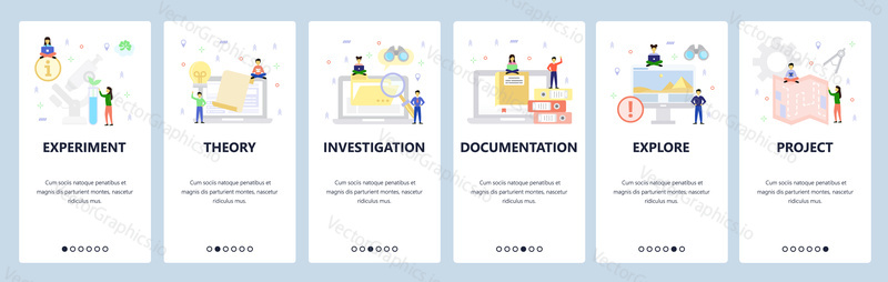 Vědecký výzkum, teorie a experiment, dokumenty, plán projektu. Mobilní aplikace onboarding obrazovky. Nabídka vektorový banner šablona pro webové stránky a mobilní vývoj. Design webových stránek plochý ilustrace.