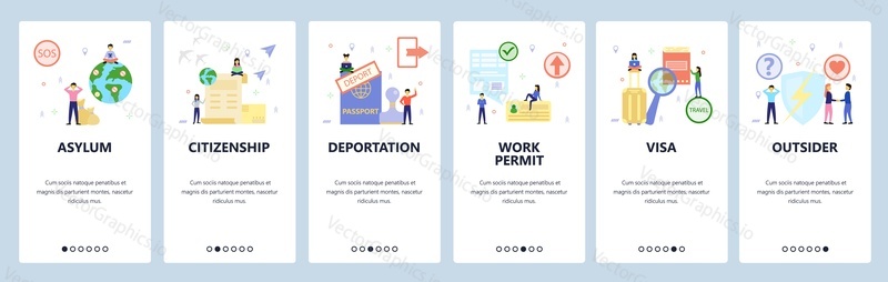 Mobile app onboarding screens. Immigration and international travel, asylum and citizenship, visa, passport. Menu vector banner template for website and mobile development. Web site design flat illustration.