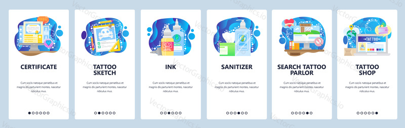 Tattoo shop certificate, tattoo sketch, ink, sanitizer. Mobile app onboarding screens. Menu vector banner template for website and mobile development. Web site design flat illustration.