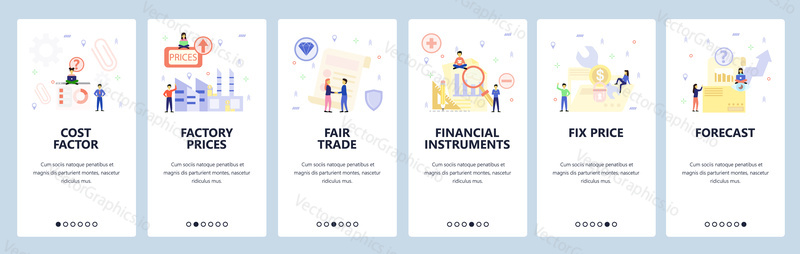 Mobile app onboarding screens. Business charts, trade deal and contracts, financial forecast. Menu vector banner template for website and mobile development. Web site design flat illustration.