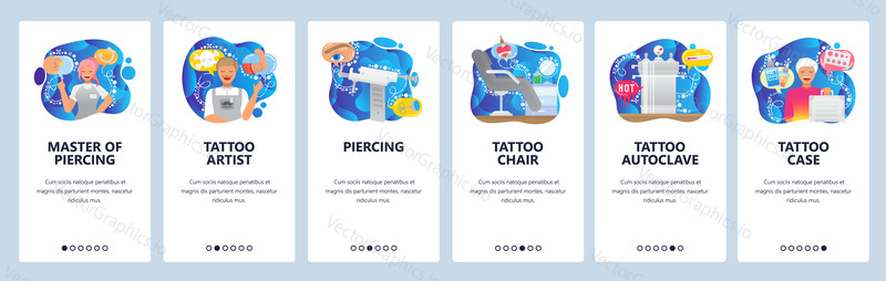 Tetování salon příslušenství, piercing nástroje, Tetování umělec, židle, autokláv. Mobilní aplikace onboarding obrazovky. Nabídka vektorový banner šablona pro webové stránky a mobilní vývoj. Design webových stránek plochý ilustrace.