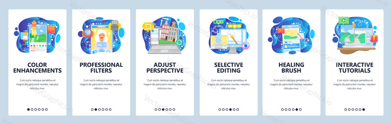 Photo editing software application, filters, color enhancements, online tutorial. Mobile app onboarding screens. Menu vector banner template for website and mobile development. Web site design flat illustration.