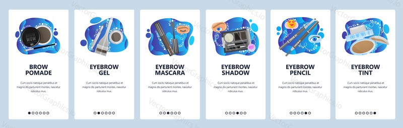 Make-up doplňky, kosmetický salon, řasenka na obočí, tužka, odstín, obočí Pomáda. Mobilní aplikace onboarding obrazovky. Nabídka vektorový banner šablona pro webové stránky a mobilní vývoj. Design webových stránek plochý ilustrace.