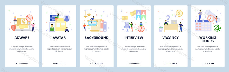Mobile app onboarding screens. Working hours, calendar, office desk, employee profile, adware. Menu vector banner template for website and mobile development. Web site design flat illustration.
