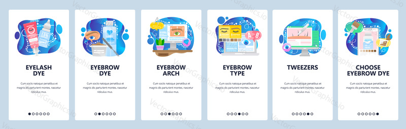 Beauty salon, cosmetology, permanent makeup, eyelash and eyebrow dye, tweezers. Mobile app onboarding screens. Menu vector banner template for website and mobile development. Web site design flat illustration.