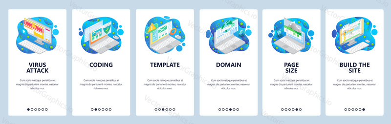 Kybernetická bezpečnost, napadení virem, kódování, doména, izometrické ikony. Mobilní aplikace onboarding obrazovky. Nabídka vektorový banner šablona pro webové stránky a mobilní vývoj. Design webových stránek plochý ilustrace.