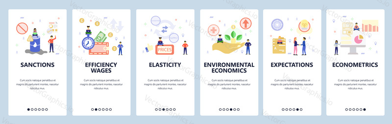 Mobile app onboarding screens. Economy sanctions, environment, business charts, money. Menu vector banner template for website and mobile development. Web site design flat illustration.