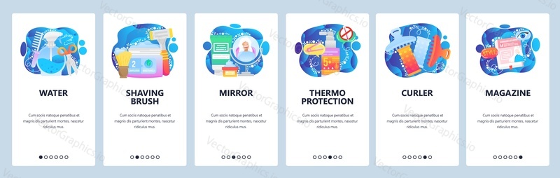 Mobilní aplikace onboarding obrazovky. Kosmetický a kadeřnický salon, . Nabídka vektorový banner šablona pro webové stránky a mobilní vývoj. Design webových stránek plochý ilustrace.