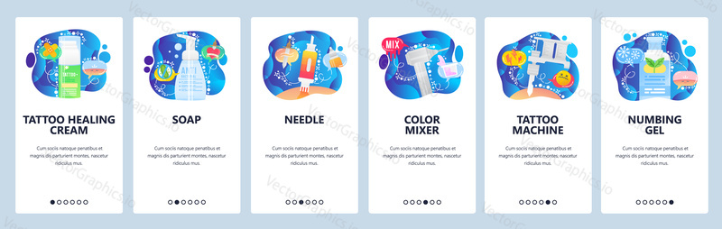 Tattoo shop nástroje a příslušenství, tetování stroj, barva mixer, jehla, znecitlivující gel. Mobilní aplikace onboarding obrazovky. Nabídka vektorový banner šablona pro webové stránky a mobilní vývoj. Design webových stránek plochý ilustrace.