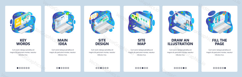 Izometrické ikony počítače. Mobilní aplikace onboarding obrazovky. Nabídka vektorový banner šablona pro webové stránky a mobilní vývoj. Design webových stránek plochý ilustrace.