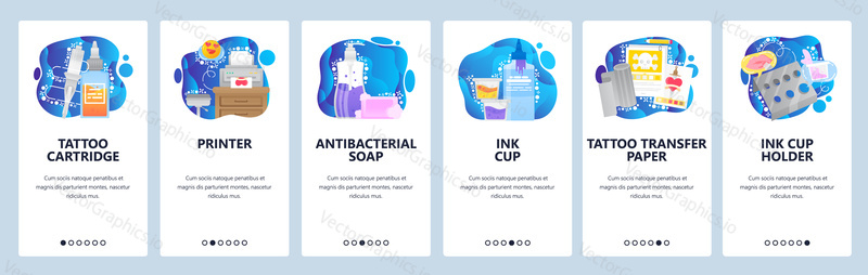 Tattoo salon tools, ink cup, cartridge, printer. Mobile app onboarding screens. Menu vector banner template for website and mobile development. Web site design flat illustration.