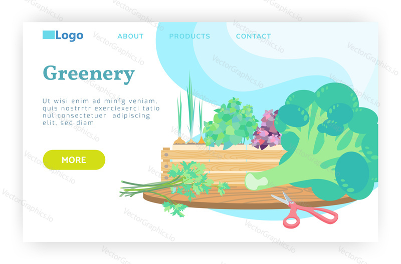 Healthy organic vegetables. Green food, herb, broccoli, onion, parsley. Vector web site design template. Landing page website concept illustration.