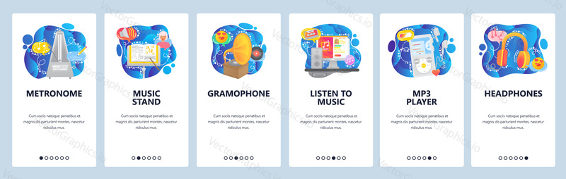 Mobile app onboarding screens. Listen music, streaming, headphones, player, metronome, gramophone. Menu vector banner template for website and mobile development. Web site design flat illustration.