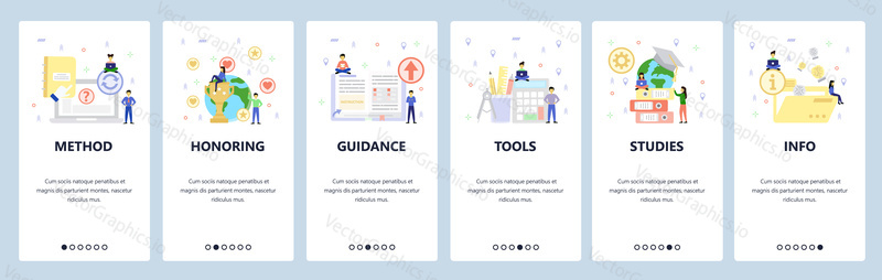 Vzdělávací ikony, kancelářské a studijní doplňky. Mobilní aplikace onboarding obrazovky. Nabídka vektorový banner šablona pro webové stránky a mobilní vývoj. Design webových stránek plochý ilustrace.