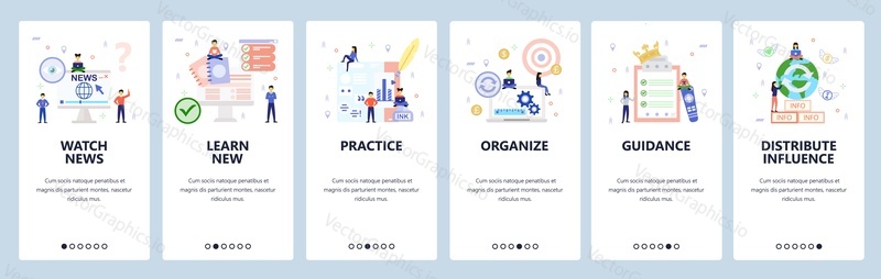 Mobilní aplikace onboarding obrazovky. Mezinárodní zprávy, řízení podniku, kontrolní seznam, lidé. Nabídka vektorový banner šablona pro webové stránky a mobilní vývoj. Design webových stránek plochý ilustrace.