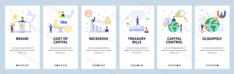Mobile app onboarding screens. Business, money investment, world trade, capital. Menu vector banner template for website and mobile development. Web site design flat illustration.