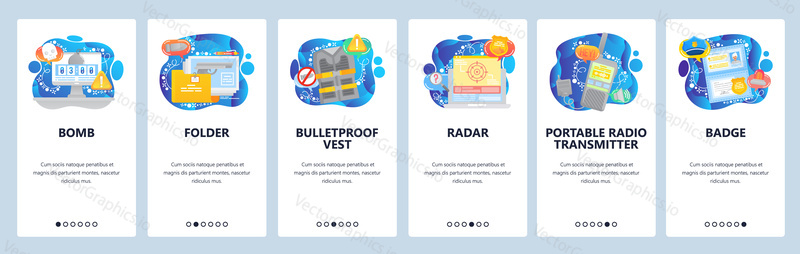 Police icons, terrorist attack. bomb timer, police badge, pistol, radar. Mobile app onboarding screens. Menu vector banner template for website and mobile development. Web site design flat illustration.
