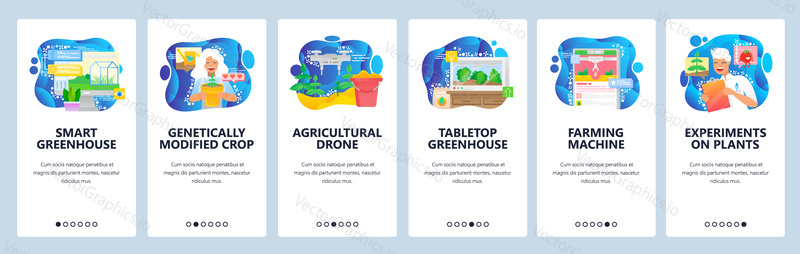 Inteligentní skleníková farma a dálkové ovládání mobilním telefonem. GM plodiny, zemědělství drone, stolní skleník. Obrazovky aplikací. Vektorová šablona pro mobilní vývoj webových stránek. Ilustrace designu webových stránek.
