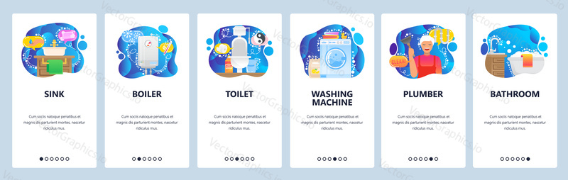 Bathroom interior and furniture, sink, bathtub, boiler, toilet, washing machine. Mobile app onboarding screens. Menu vector banner template for website and mobile development. Web site design flat illustration.