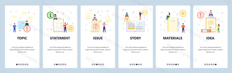 Open book, todo list, office materials. Mobile app onboarding screens. Menu vector banner template for website and mobile development. Web site design flat illustration.