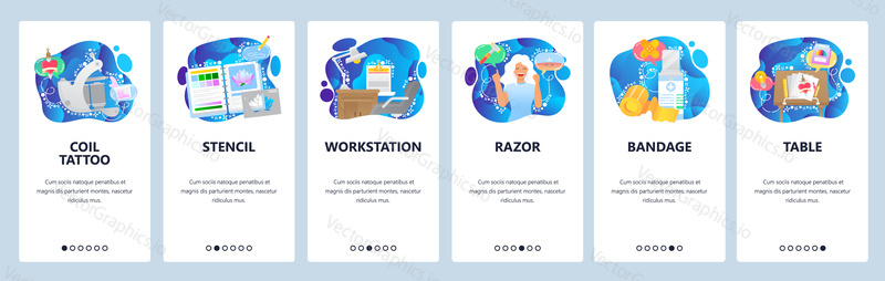 Tattoo salon accessories, table, razor, tattoo coil, stencil. Mobile app onboarding screens. Menu vector banner template for website and mobile development. Web site design flat illustration.