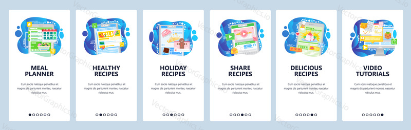 Meal delivery calendar, healthy food recipes, cooking video tutorials, share recipe online. Mobile app screens. Menu vector banner template for website mobile development. Web site illustration