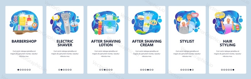 Mobile app onboarding screens. Electric razor, hair beauty salon, barbershop, lotion, cream, stylist. Menu vector banner template for website and mobile development. Web site design flat illustration.