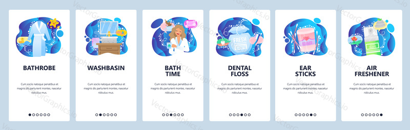 Bathroom morning routine, bathrobe, dental floss, ear sticks, freshener, shower. Mobile app onboarding screens. Menu vector banner template for website and mobile development. Web site design flat illustration.
