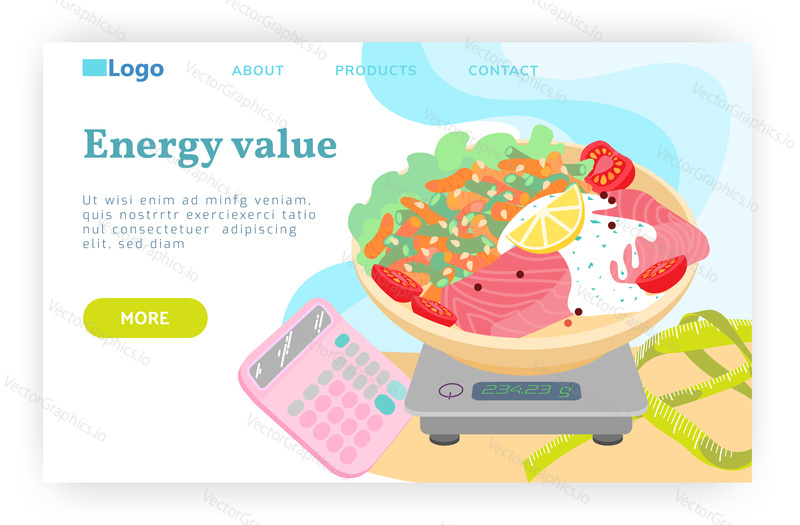 Check your meal on scales. Healthy food, calories diet. Vector web site design template. Landing page website concept illustration.
