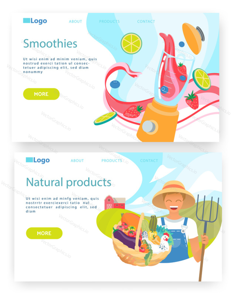 Organic food and drinks, farmer hold basket with vegetables, smoothie in blender. Vector web site design template. Landing page website concept illustration.