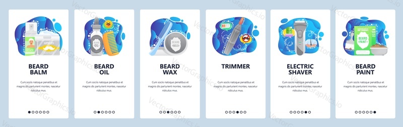 Mobile app onboarding screens. Barbershop, beard cut for men, oil, cream, electric razor, trimmer. Menu vector banner template for website and mobile development. Web site design flat illustration.