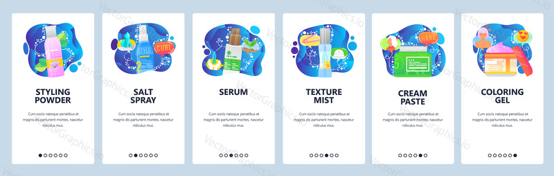 Cosmetics and makeup, salt spray, serum, cream, beauty industry. Mobile app onboarding screens. Menu vector banner template for website and mobile development. Web site design flat illustration.