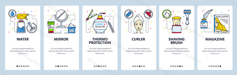 Kadeřnický a kosmetický salon. Žena make-up, kosmetické a účes doplňky. Mobilní aplikace onboarding obrazovky. Nabídka vektorový banner šablona pro webové stránky a mobilní vývoj. Ilustrace designu webových stránek.