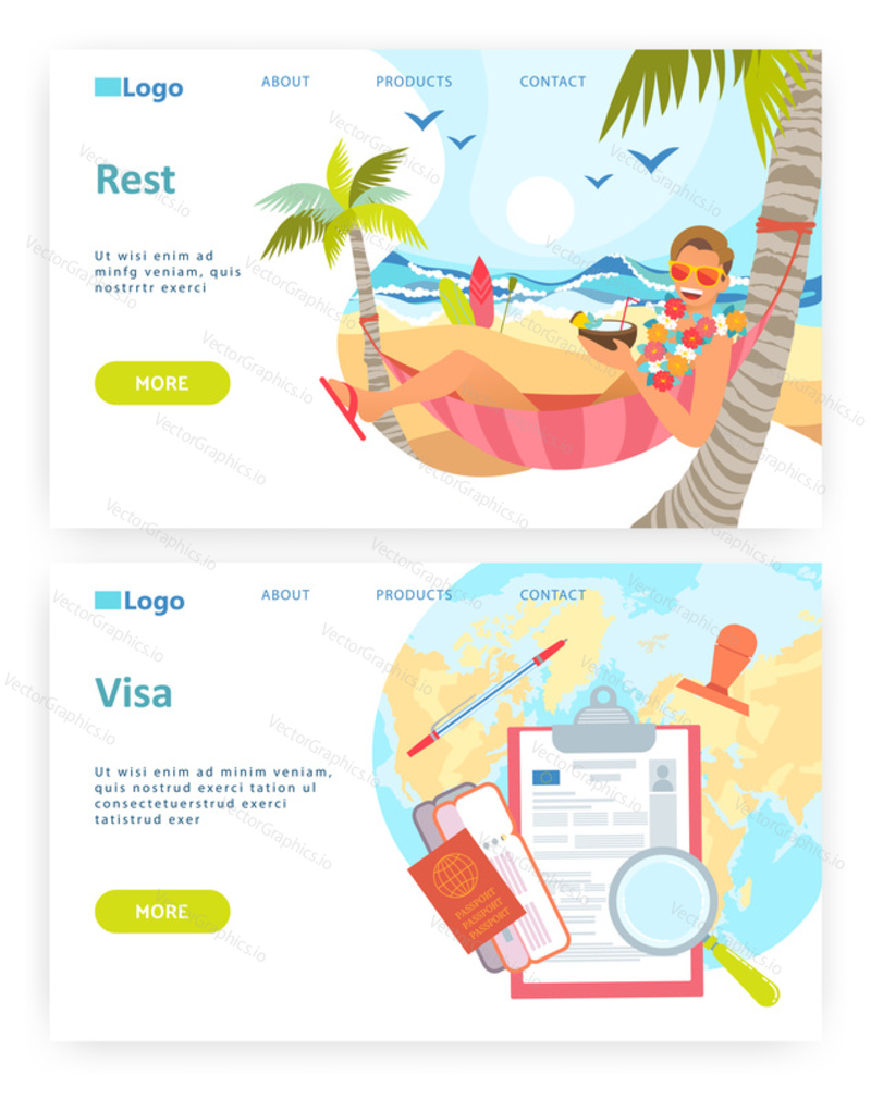 Man drinks cocktail in hammock on tropical beach. Passport, visa and travel documents. Summer holiday concept. Vector web site design template. Landing page website concept illustration.