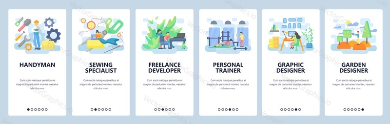 Different professions icon set. Freelance developer, graphic designer, fitness trainer. Mobile app screens. Vector banner template for website and mobile development. Web site design illustration.