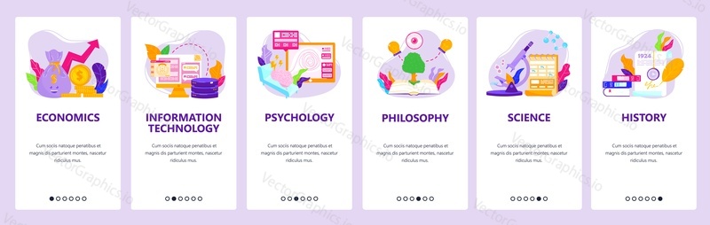 Studium ekonomie, IT, psychologie, filozofie, historie. Věda a znalosti. Obrazovky mobilních aplikací. Vektorový banner šablona pro webové stránky a mobilní vývoj. Ilustrace designu webových stránek.