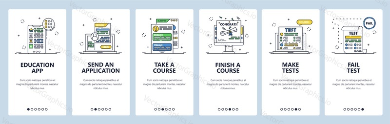 Online kurzy a testy, e-learning, distanční vzdělávání, online škola. Mobilní aplikace onboarding obrazovky. Vektorový banner šablona pro webové stránky a mobilní vývoj. Ilustrace designu webových stránek.