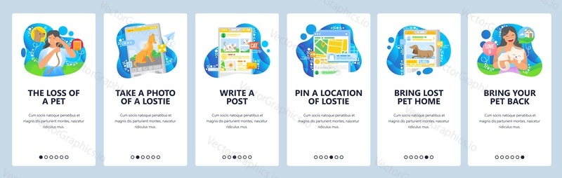 .Woman lost her pet. Search for lost dog, social media help. Bring your cat back home. Mobile app screens. Vector banner template for website and mobile development. Web site design illustration.