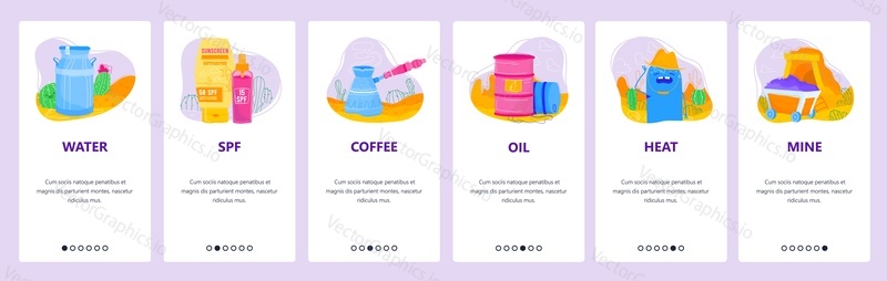 Desert icons set. Water, sunblock cream, arabic coffee in turk, oil barrel, heat. Mobile app screens. Vector banner template for website and mobile development. Web site design illustration.