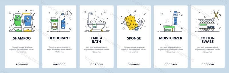 Body care and hygiene icons set. Bathtub, shampoo and deodorant bottles, sponge. Mobile app screens. Vector banner template for website and mobile development. Web site design illustration.