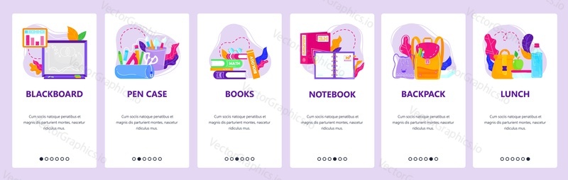 Školní psací potřeby, tabule, batoh, školní obědy. Mobilní aplikace onboarding obrazovky. Vektorový banner šablona pro webové stránky a mobilní vývoj. Ilustrace designu webových stránek.