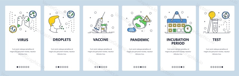 Světová pandemie viru Corona, vakcína proti koronaviru, plicní feumonie, kašel. Obrazovky mobilních aplikací. Vektorový banner šablona pro webové stránky a mobilní vývoj. Ilustrace designu webových stránek