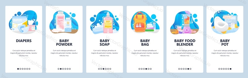 Prepare to be mother icons set. Baby diapers, powder, soap, baby pot. Food blender. Mobile app screens. Vector banner template for website and mobile development. Web site design illustration.