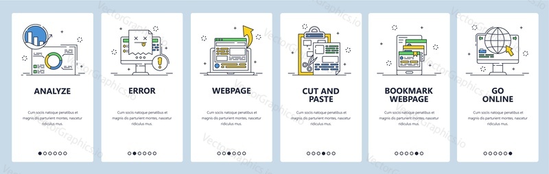 Website analysis, webpage error, bookmark menu. Go online. Mobile app onboarding screens. Vector banner template for website and mobile development. Web site design illustration.