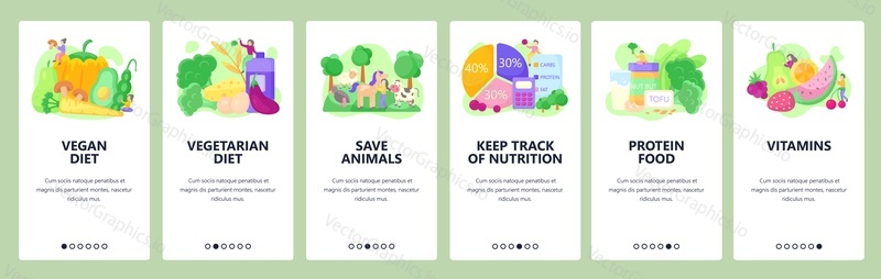 Healthy lifestyle. Eat organic natural and fresh food. Vegetables vegan diet, nutritions. Mobile app screens. Vector banner template for website and mobile development. Web site design illustration.