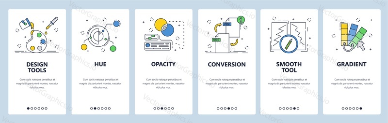 Design and photo editor tools. Color palette, hue control, opacity, color gradient. Mobile app screens. Vector banner template for website and mobile development. Web site design illustration.