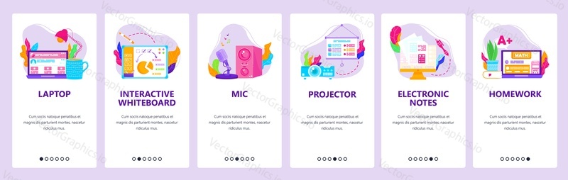Дистанционное обучение и дистанционное образование. Технология видеоконференцсвязи. Домашнее задание. Экраны мобильных приложений. Векторный шаблон баннера для веб-сайта и мобильной разработки. Иллюстрация дизайна веб-сайта.
