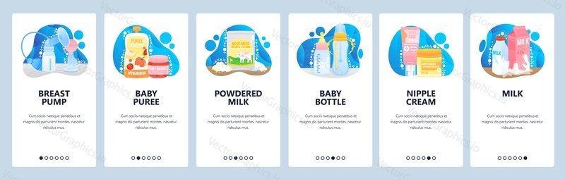 Baby food, powder milk and breastfeeding concept. Prepare to be mother. Mobile app screens. Vector banner template for website and mobile development. Web site design illustration.